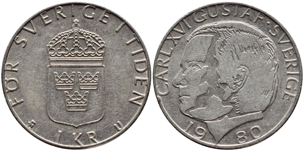 Швеция 1 крона 1980 Карл XVI Густав (1973- ) KM 852 медь плакированная медно-никелем 4397-947