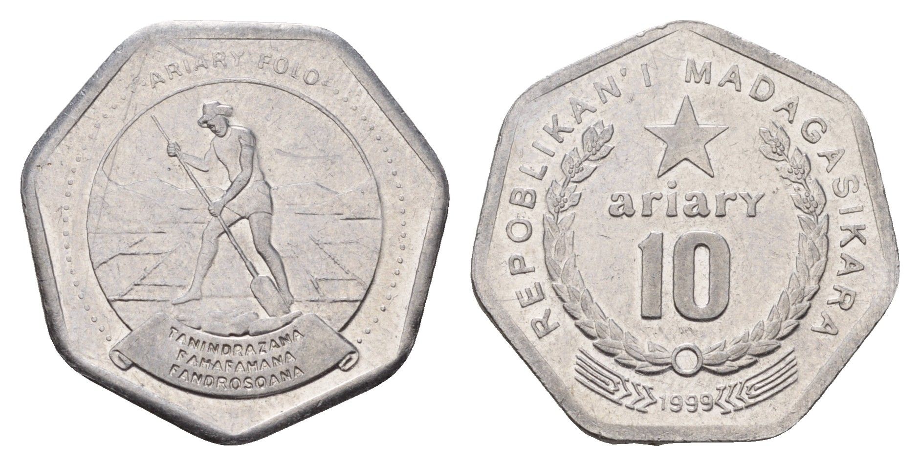 Мадагаскар 10 ариари 1999 KM 27 сталь плакированная никелем UNC 216-214
