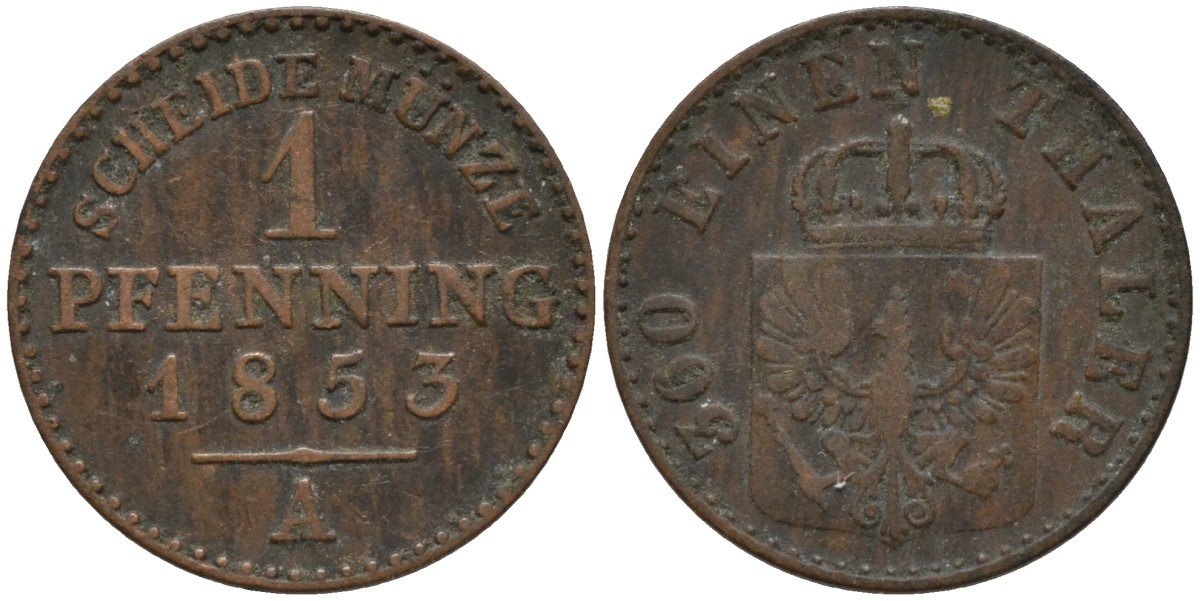 Пруссия 1 пфенниг 1853 A, Фридрих Вильгельм IV (1840-1861) KM 451 медь 4532-145