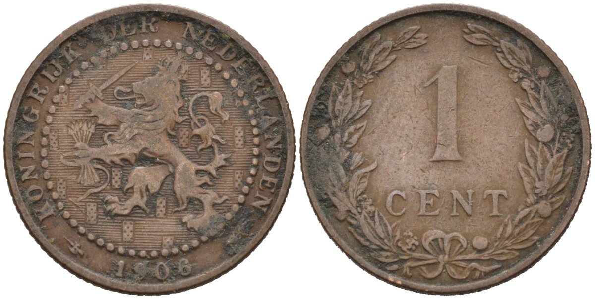 Нидерланды 1 цент 1906 Вильгельмина (1890-1948) KM 132 бронза 4576-662
