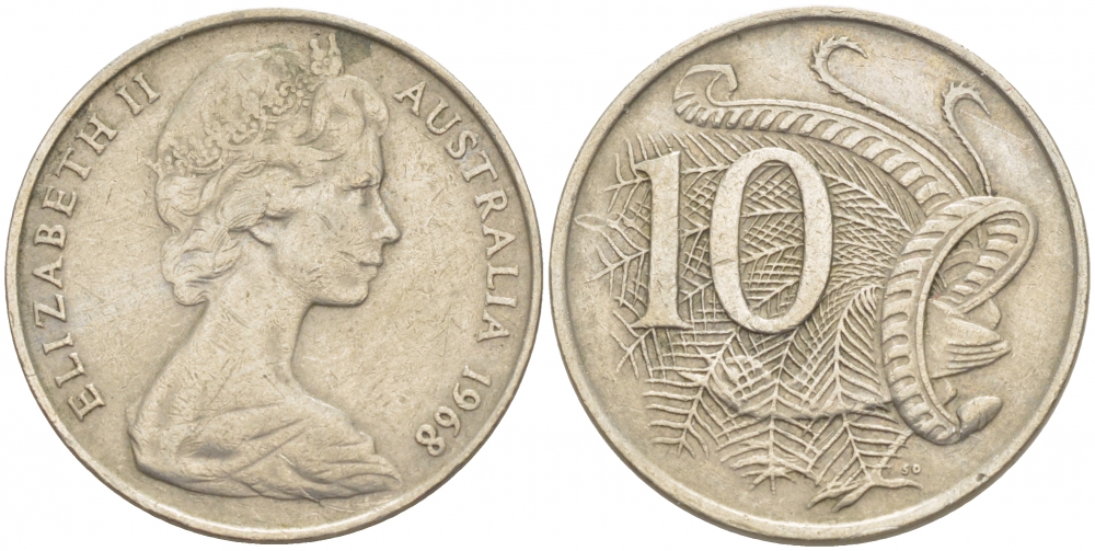 Австралия 10 центов 1968 Елизавета II (1952-), птица лирахвост KM 65 медно-никель 3457-636