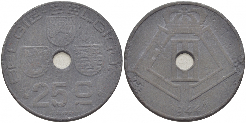 БЕЛЬГИЯ 25 САНТИМОВ 1944 BELGIE-BELGIQUE, ГЕРМАНСКАЯ ОККУПАЦИЯ, ВТОРАЯ МИРОВАЯ ВОЙНА KM 132 цинк 3856-951