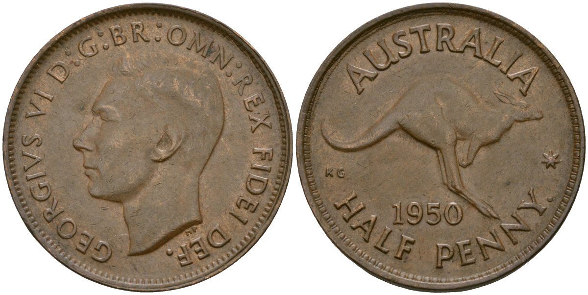 Австралия 1/2 пенни 1950 p, Георг VI (1936-1952), кенгуру KM 42 бронза 4132-125