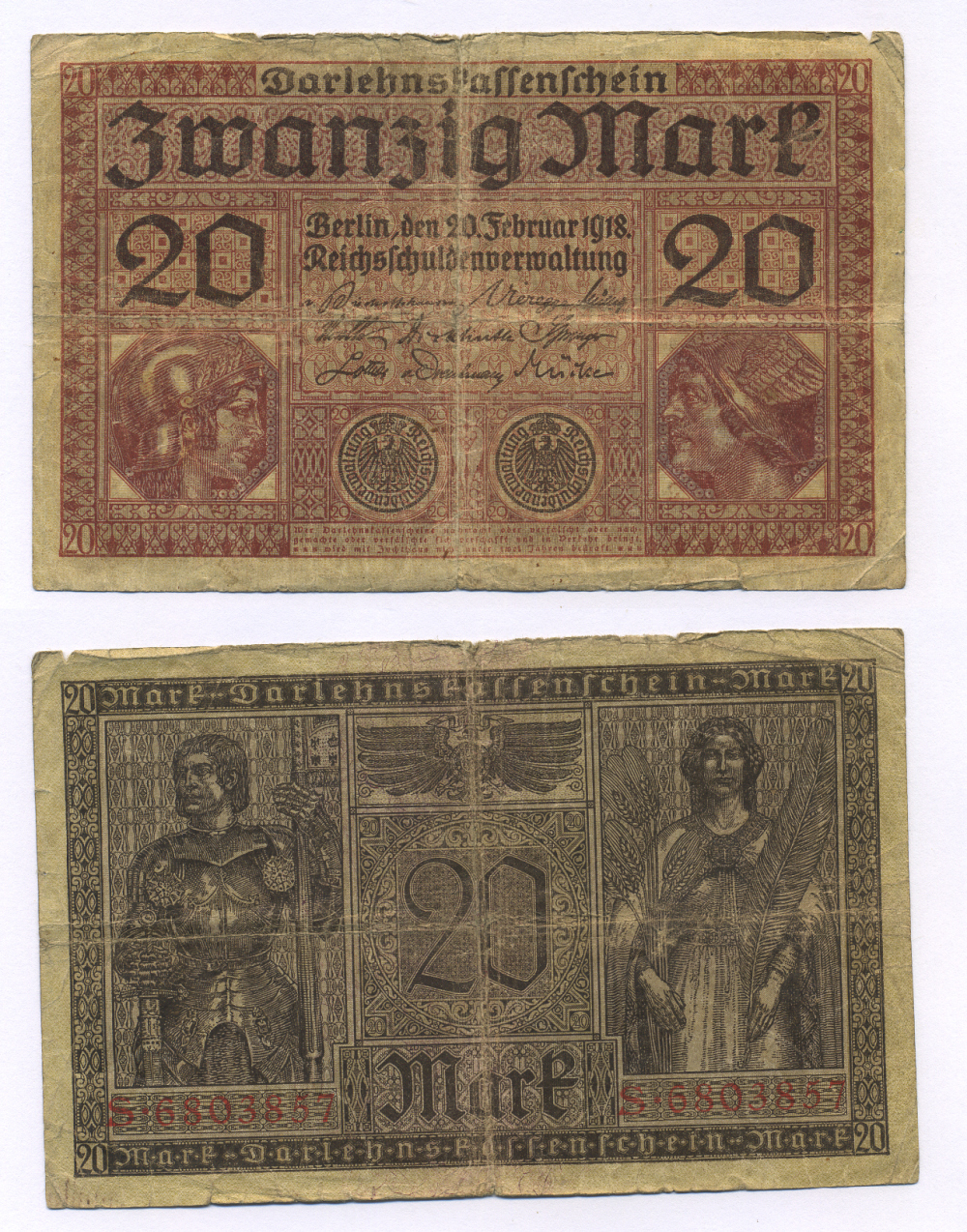 ГЕРМАНИЯ 20 МАРОК 1918 20 ФЕВРАЛЯ 1918, СЕРИЯ S, КРАСНАЯ, МИНЕРВА И МЕРКУРИЙ Pick 57, Rosenberg 55 бумага 7146-33-3-2