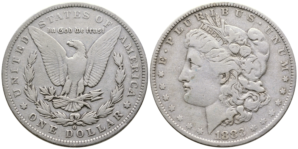 США 1 доллар 1883 O, Морган доллар, монетный двор Орлеан KM 110 серебро 272-134