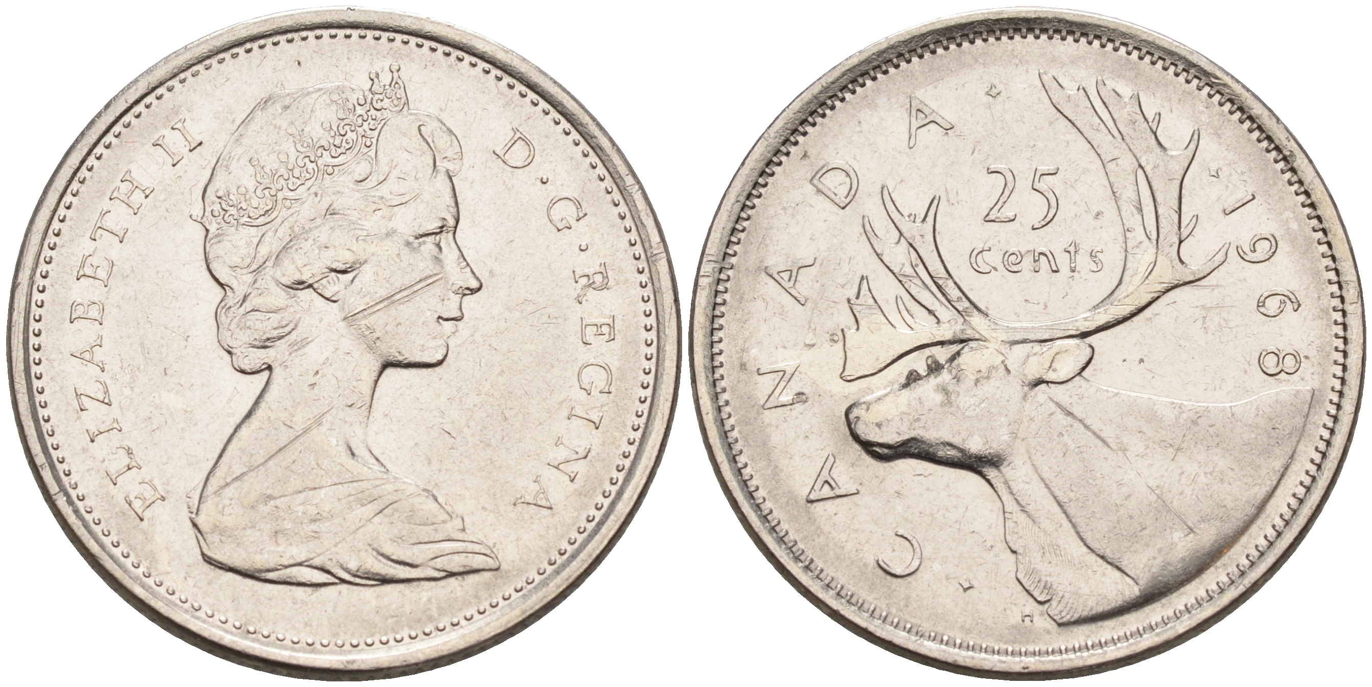 Канада 25 центов 1968 Елизавета II (1952-2022), олень KM 62 b никель  4595-636