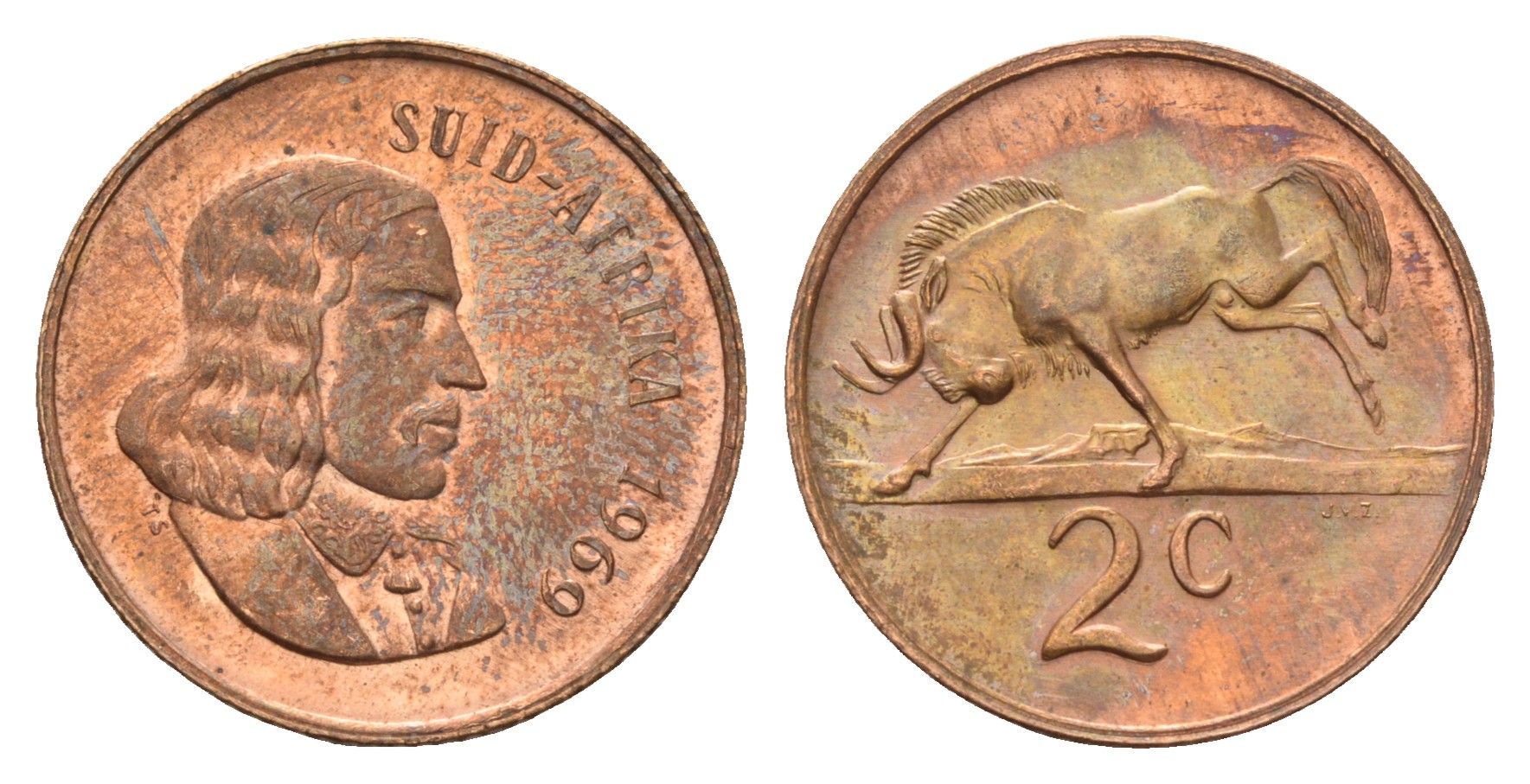 ЮАР 2 цента 1969 Ян ван Рибек (1619-1677), Suid Africa, легенда на африкаанс, антилопа гну KM 66.2 бронза UNC 4622-416