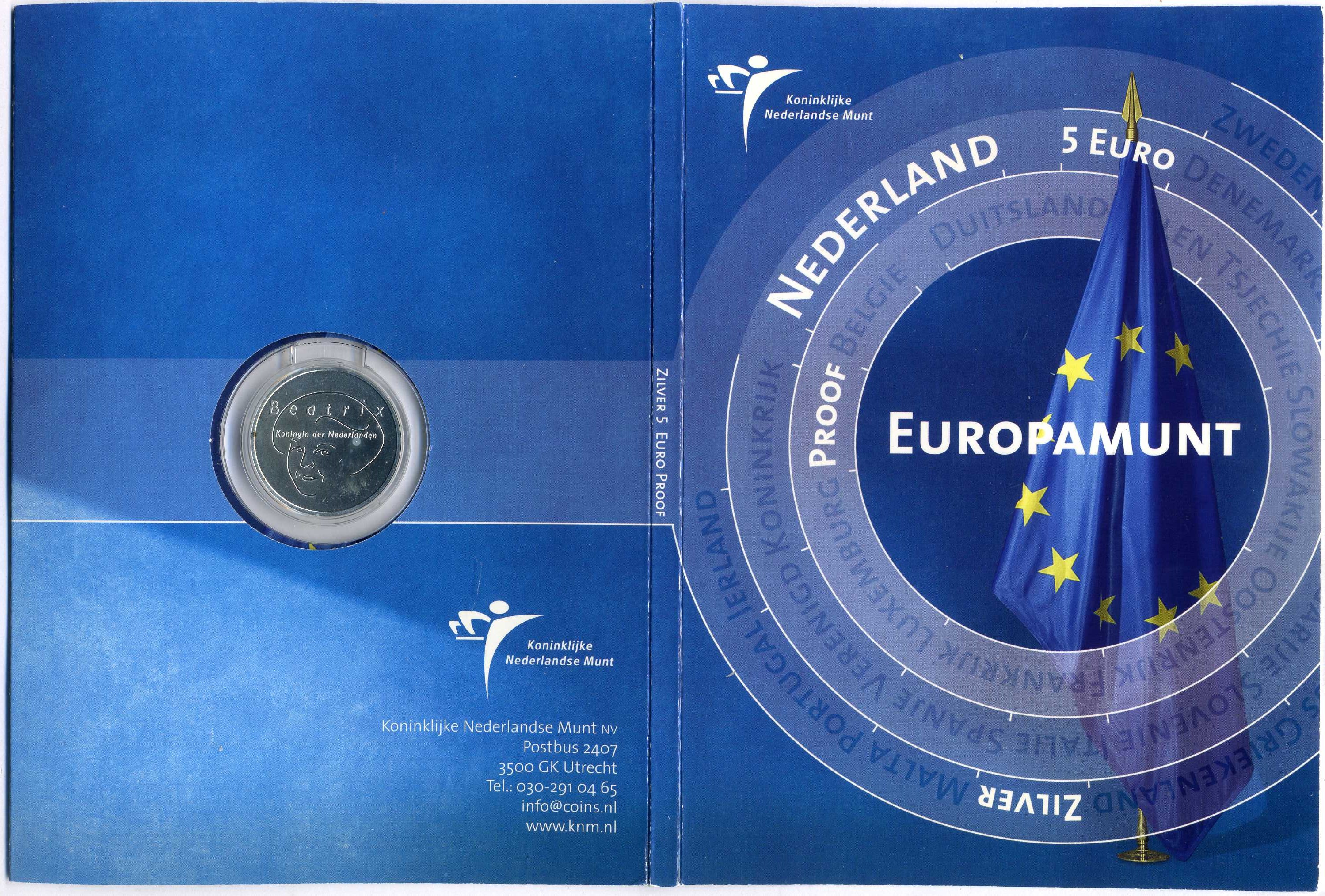 Нидерланды 5 евро 2004 королева Нидерландов Беатрикс, вступление в ЕЭС, в оригинальном картонном буклете KM 252 серебро PROOF 5-6-2-02