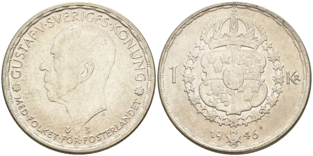 Швеция 1 крона 1946 TS, Густав V (1907-1950) KM 814 серебро UNC 3457-424