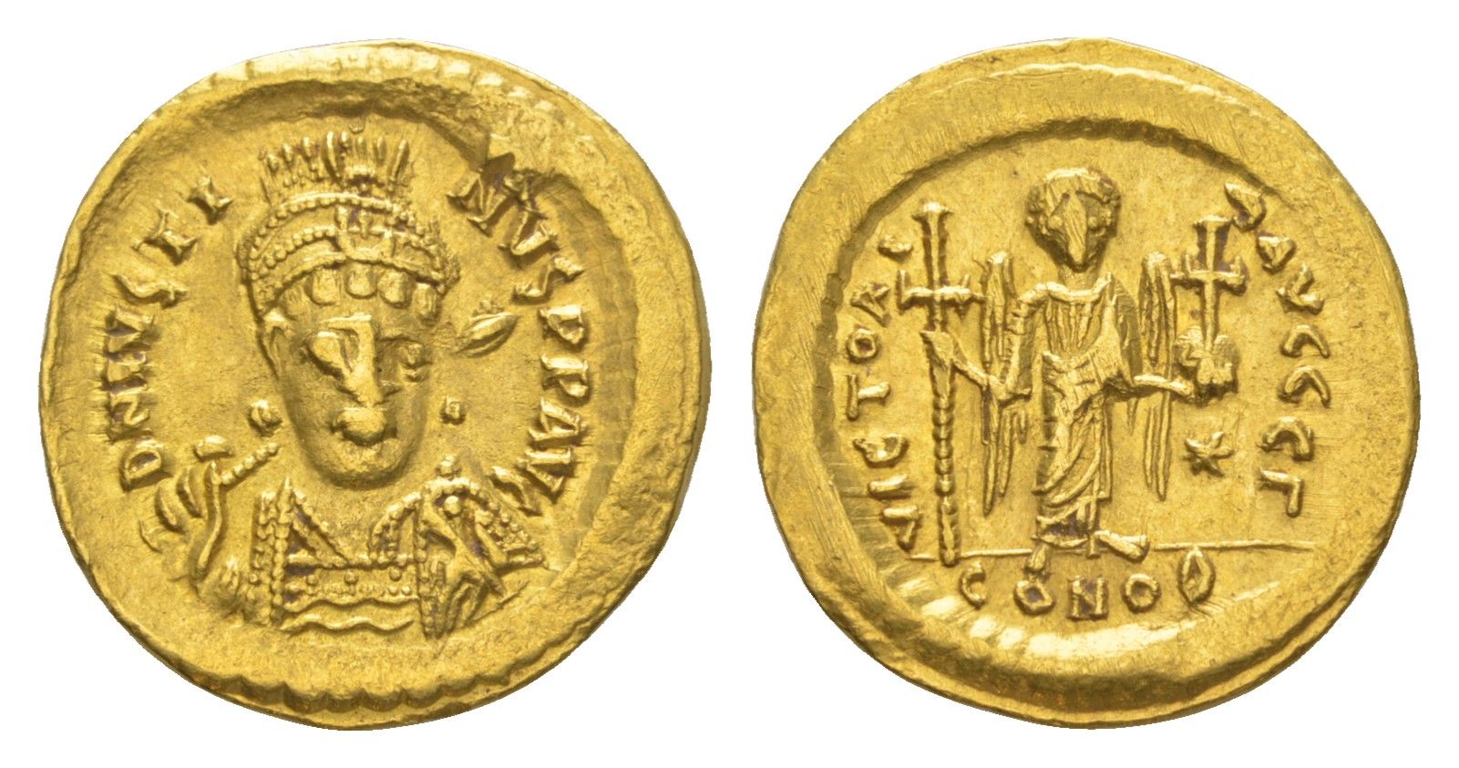 Византийская Империя солид 518-527 Юстин I, DN IVSTINVS PP AVG, бюст императора анфас/VICTORIA AVGGG ?, ангел с крестом и державой, Константинополь, 4,40 гр Sear 56 золото 00-801-97