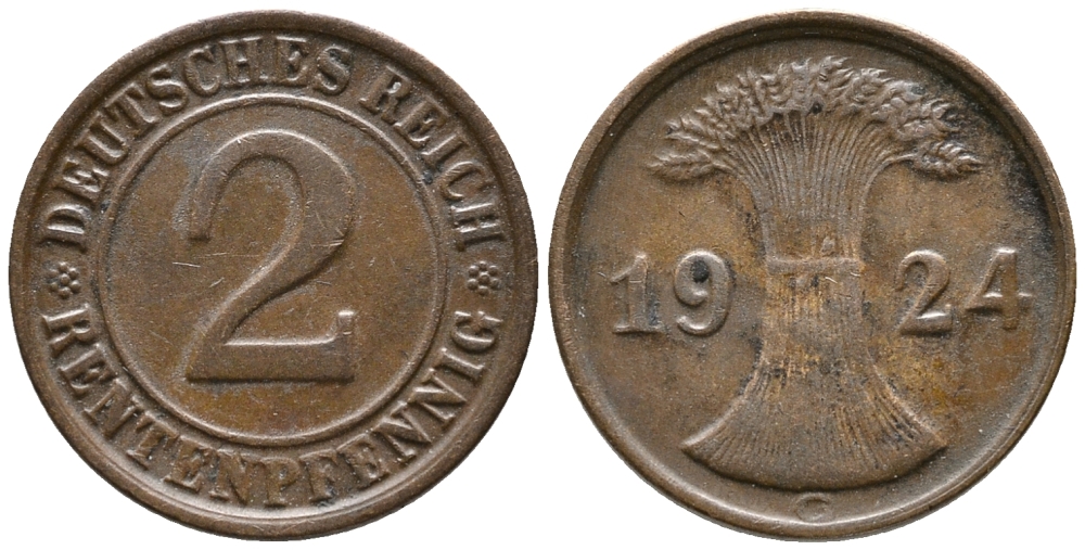 ГЕРМАНИЯ 2 РЕНТЕНПФЕННИГА 1924 G KM 31, J. 307 бронза 24-643