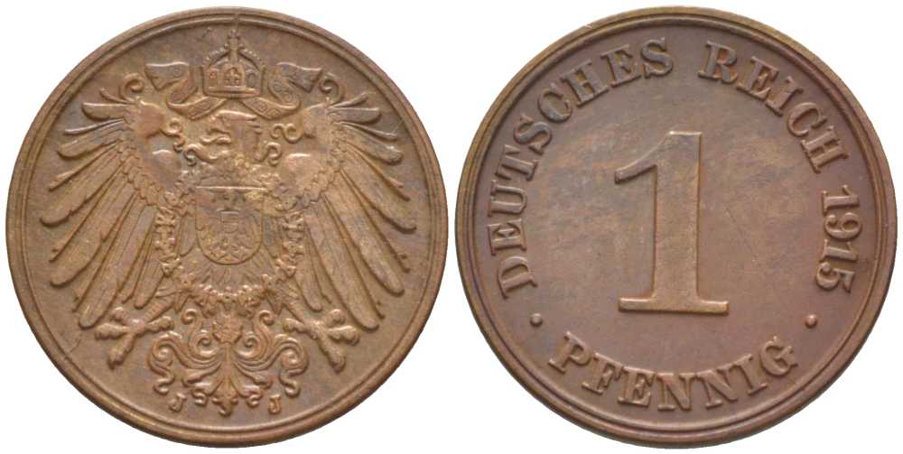 ГЕРМАНИЯ 1 ПФЕННИГ 1915 J KM 10, J. 10, Weege 2 медь 206-447