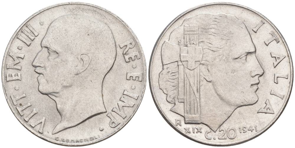 ИТАЛИЯ 20 ЧЕНТЕЗИМО 1941 R, ГОД XIX, ВИКТОР ЭММАНУИЛ III (1900-1946) KM 75b, VEM3. 1028 нержавеющая сталь 3853-655
