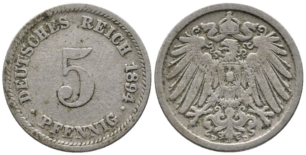 ГЕРМАНИЯ 5 ПФЕННИГОВ 1894 D KM 11, J. 12 медно-никель 39-665