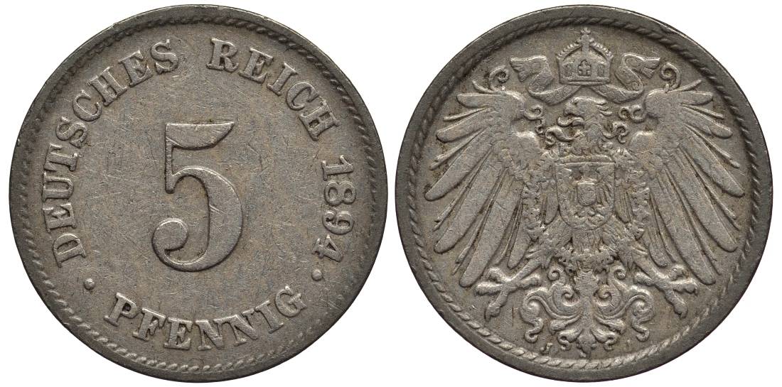 ГЕРМАНИЯ 5 ПФЕННИГОВ 1894 J KM 11, Jager 12, Weege 6 медно-никель 4547-343