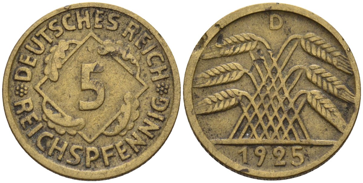 Германия 5 рейхспфеннигов 1925 D KM 39, J. 316 алюминиевая бронза 4151-719