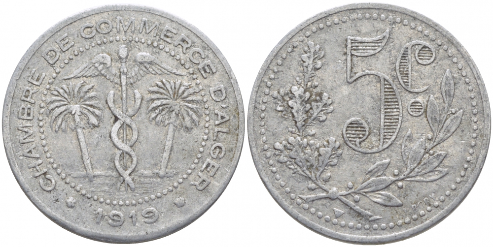 Алжир, Французская оккупация 5 сантимов 1919 Alger Chamber of Commerce KM TnA1 алюминий 4448-415