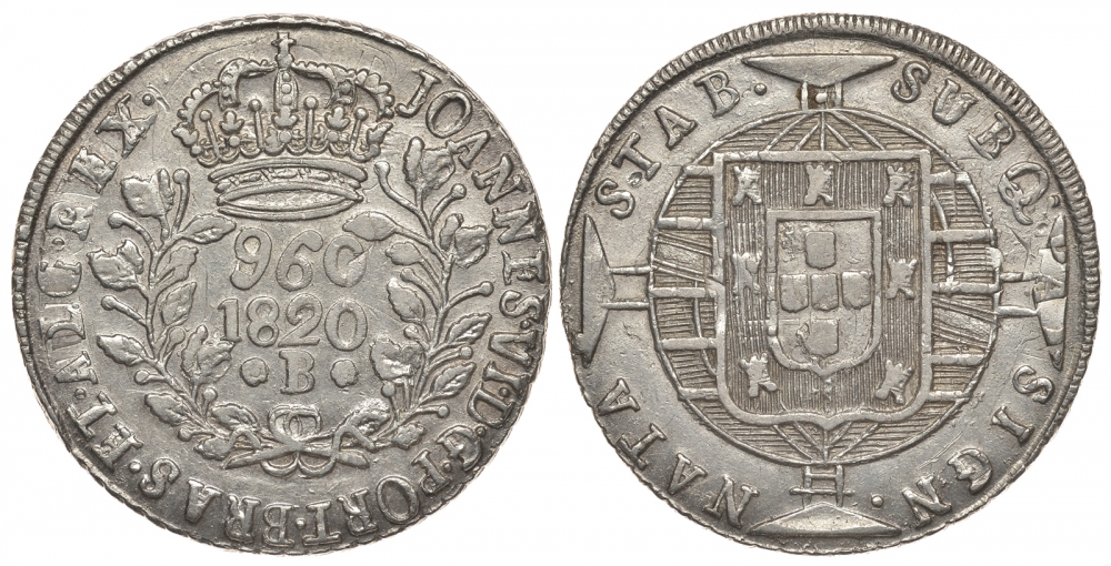 Бразилия 960 рейс 1820 В, монетный двор Бахия (Bahia), перечекан, Gomes J6 26.02, KM 326.2 серебро 00-819-33