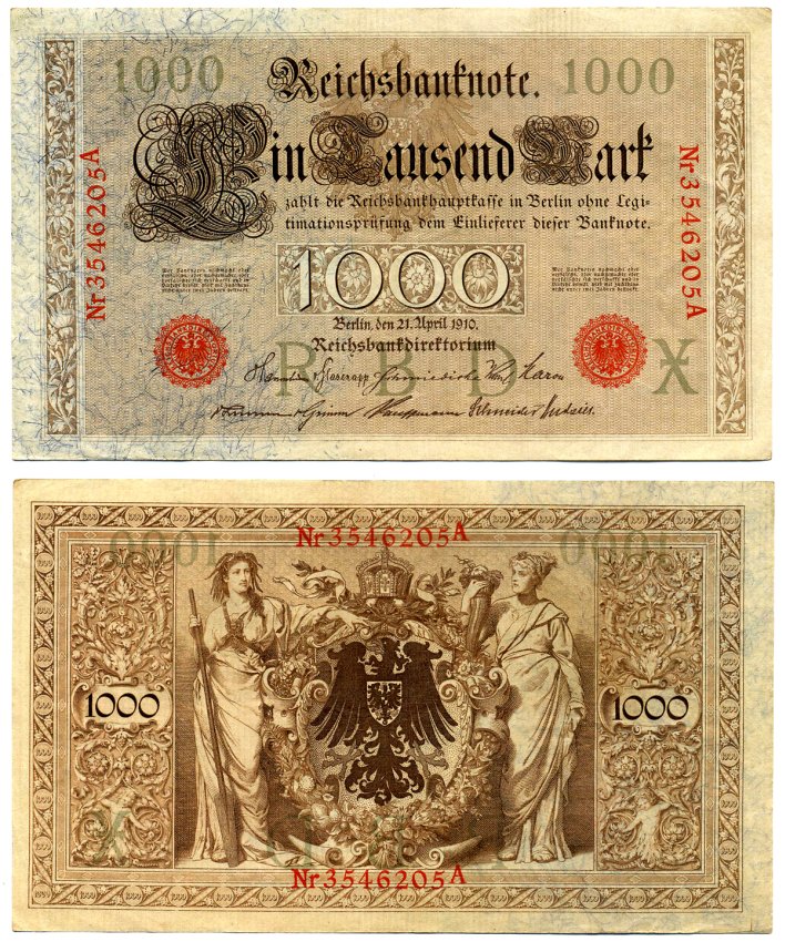 Германия 1000 марок 1910 21 апреля 1910, красная печать, номер семизначный, серия A, буква X, выпуск АПРЕЛЬ - ИЮЛЬ 1918 Pick 44, Роземберг 45b бумага VF 2194-22-2-1