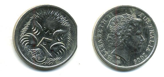 АВСТРАЛИЯ 5 ЦЕНТОВ 2006 ЕЛИЗАВЕТА II, ТРЕТИЙ ПОРТРЕТ, ЕХИДНА KM 401 медно-никель 46-2241