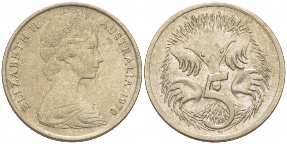 АВСТРАЛИЯ 5 ЦЕНТОВ 1970 ЕЛИЗАВЕТА II, МОЛОДОЙ ПОРТРЕТ, ЕХИДНА KM 64 медно-никель 3851-1124
