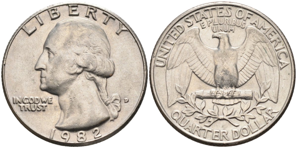 США 25 центов = квотер 1982 D, Вашингтон KM A164a медь плакированная медно-никелем 4584-1136