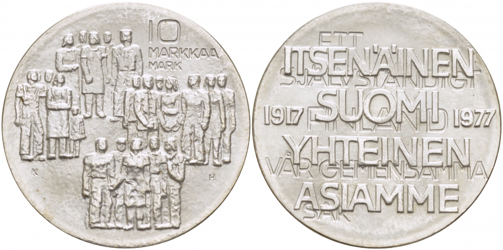 Финляндия 10 марок 1977 K-H, 60 лет независимости (1917-1977) KM 55 серебро UNC 1515-1432
