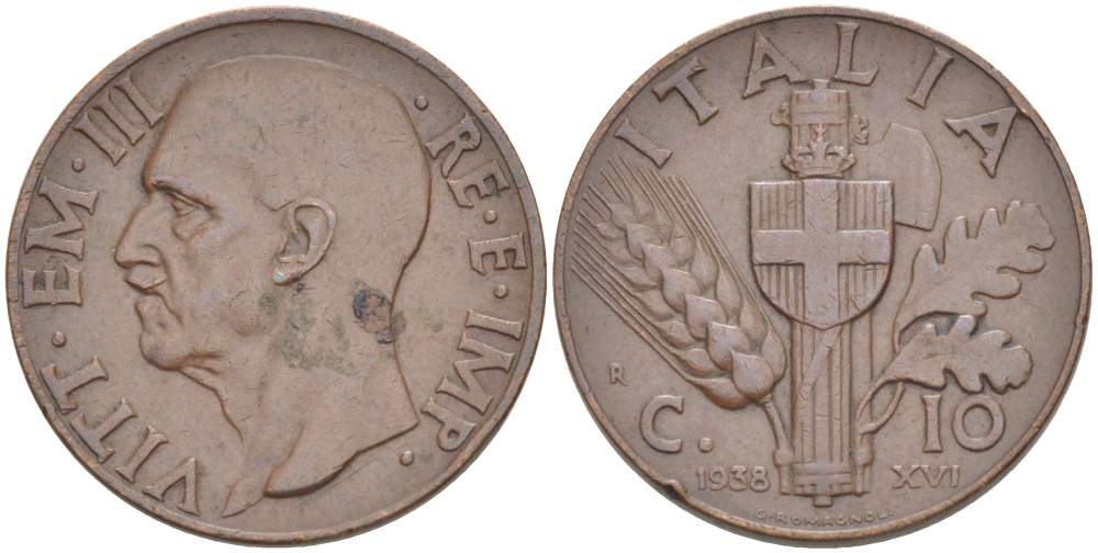 ИТАЛИЯ 10 ЧЕНТЕЗИМО 1938 R, ГОД XVI, МОНДВОР РИМ, ВИКТОР ЭММАНУИЛ III (1900-1946) KM 74 медь 4525-212