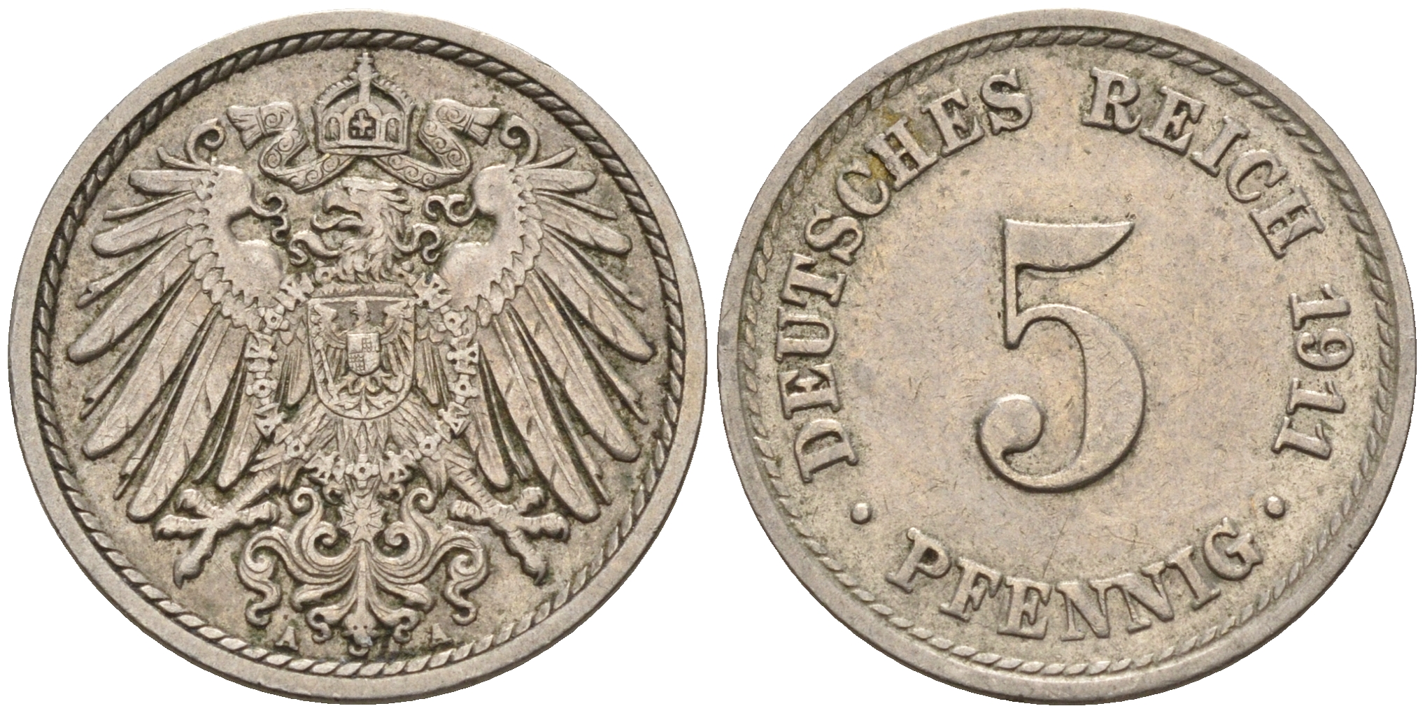 Германия 5 пфеннигов 1911 A KM 11, J. 12, Weege 6 медно-никель    4152-1153