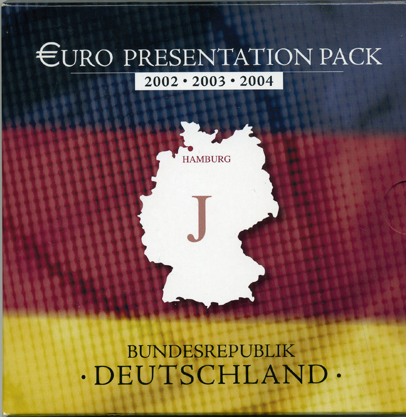 ФРГ набор из 3 евронаборов по 8 монет 2002-2004 Буква J, Гамбург, оригинальный официальный набор из трех евронаборов, в картонном буклете    UNC  7-6-1-05