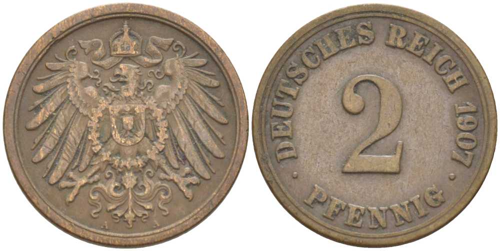 ГЕРМАНИЯ 2 ПФЕННИГА 1907 A KM 16, J. 11, Weege 4 медь 212-327
