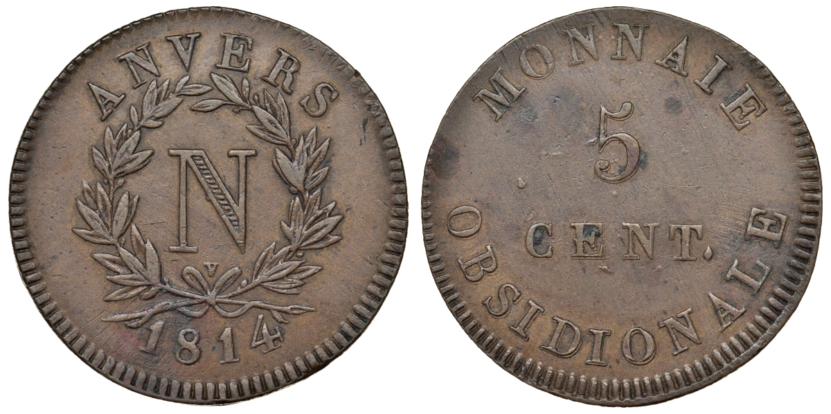 Французская осада Антверпена (Нидерланды) 5 сантимов 1814 V, монограмма Наполеона KM 2.2 медь 503-623