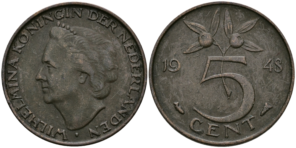 НИДЕРЛАНДЫ 5 ЦЕНТОВ 1948 ВИЛЬГЕЛЬМИНА KM 176 бронза 95-232