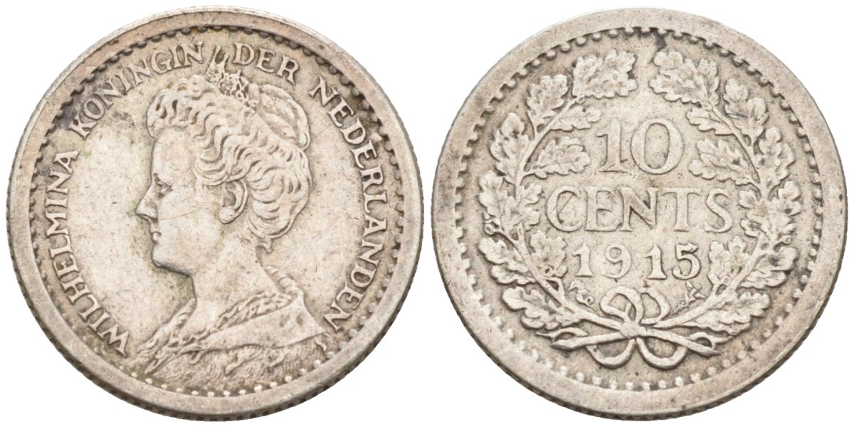 Нидерланды 10 центов 1915 Вильгельмина (1890-1948) KM 145 серебро 4576-812
