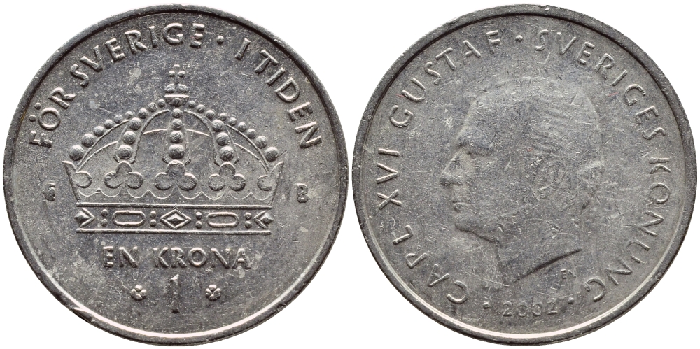 Швеция 1 крона 2002 Карл XVI Густав (1973- ) KM 894 медно-никель 4110-854