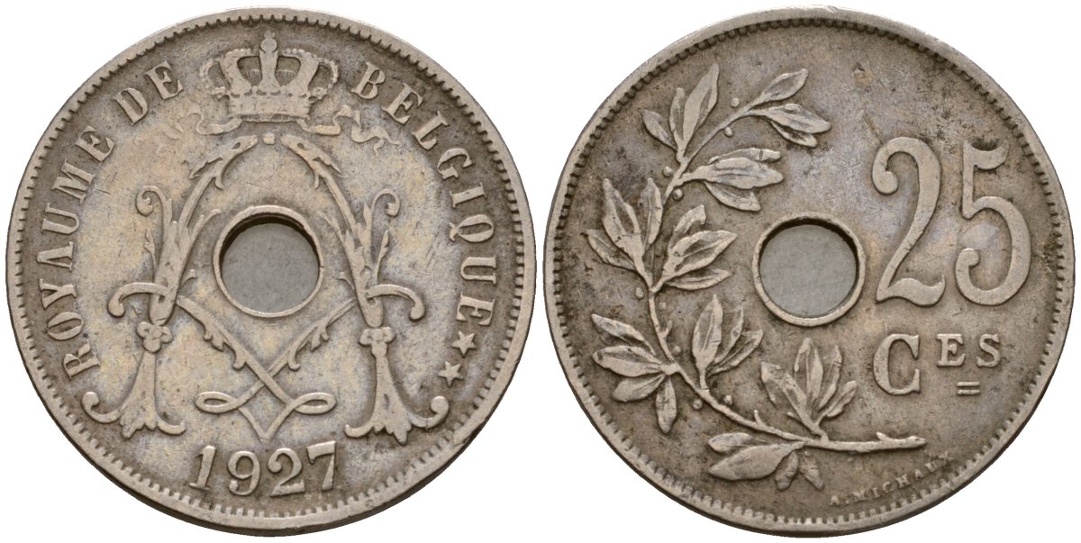 Бельгия 25 сантимов 1927 Belgique KM 68 медно-никель 29-824