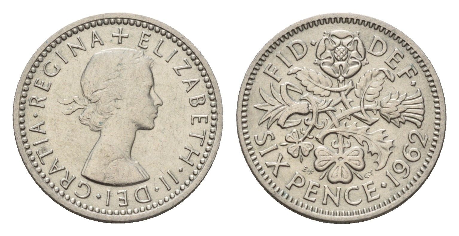 Великобритания 6 пенсов 1962 Елизавета II (1952-2022) KM 903, Spink 4149 медно-никель 4651-1218