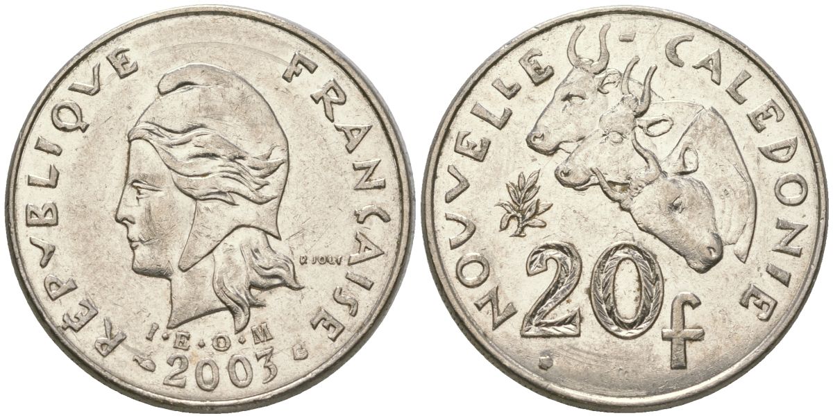 Французская Новая Каледония 20 франков 2003 три быка, (IEOM) KM 12, Schoen 14, Lec 15g никель 4131-644