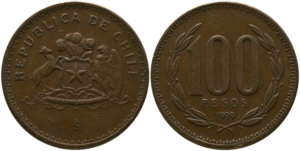 Чили 100 песо 1999 So KM 226.2, Schon 71 алюминиевая бронза 4388-242