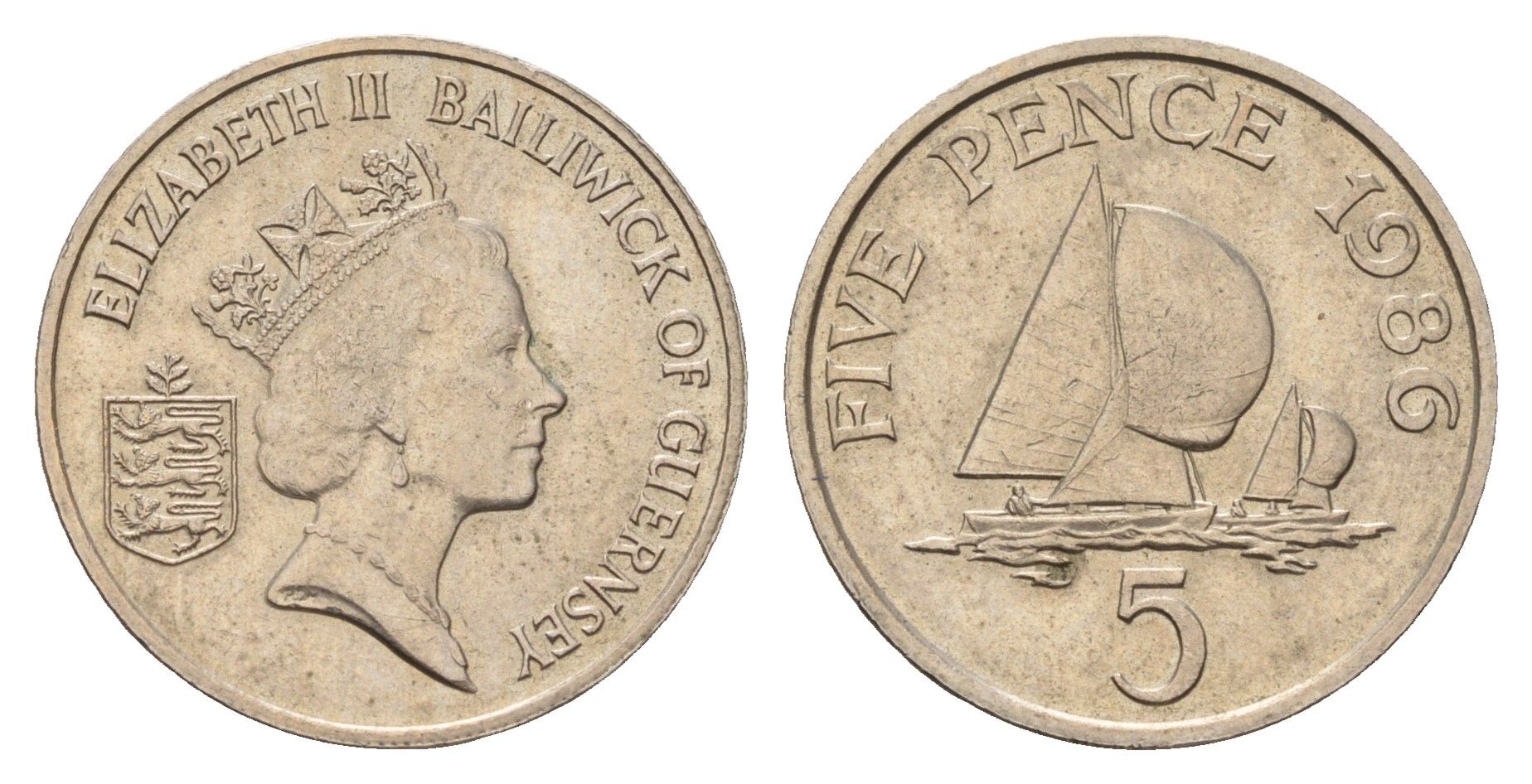 Гернси 5 пенсов 1986 Елизавета II (1952-2022), регата KM 42.1 медно-никель 4121-1051