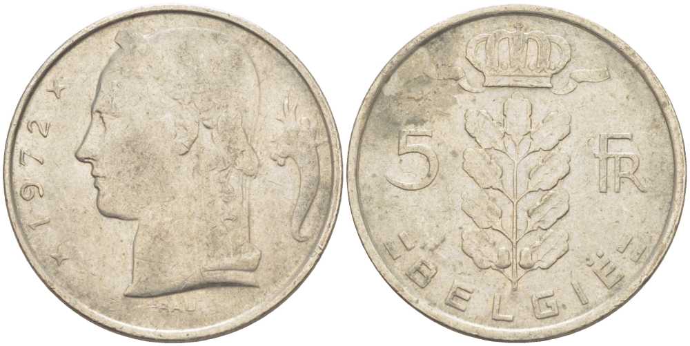 Бельгия 5 франков 1972 Belgie, Бодуэн I (1951-1993) KM 135.1 медно-никель 202-1216