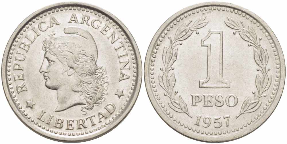 Аргентина 1 песо 1957 голова свободы влево KM 57 сталь плакированная никелем 108-1211