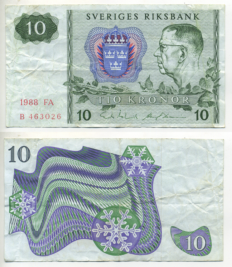 ШВЕЦИЯ 10 КРОН 1988 СЕРИЯ FA Pick 52e бумага 7553-15-3