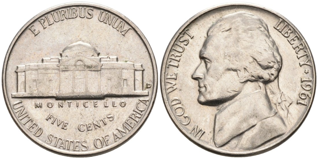 США 5 центов 1961 D, Джефферсон KM А192 медно-никель 92-1043