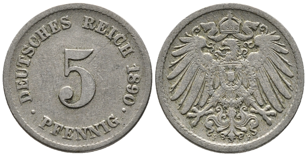 ГЕРМАНИЯ 5 ПФЕННИГОВ 1890 F KM 11, J. 12 медно-никель 39-632