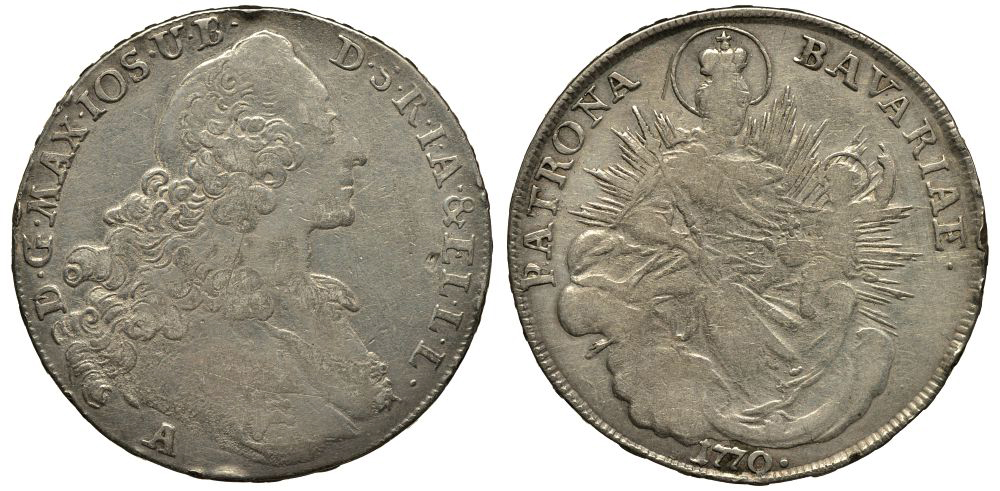 Бавария 1 талер 1770 А, Максимилиан III Иосиф (1745-1777), МОНДВОР AMBERG KM 234.2, Dav. 1954 серебро 00-00