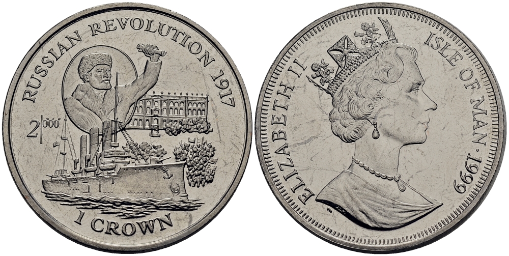 Остров Мэн 1 крона 1999 миллениум, русская революция, Аврора, В.И. Ленин КМ 918 медно-никель UNC M91-16