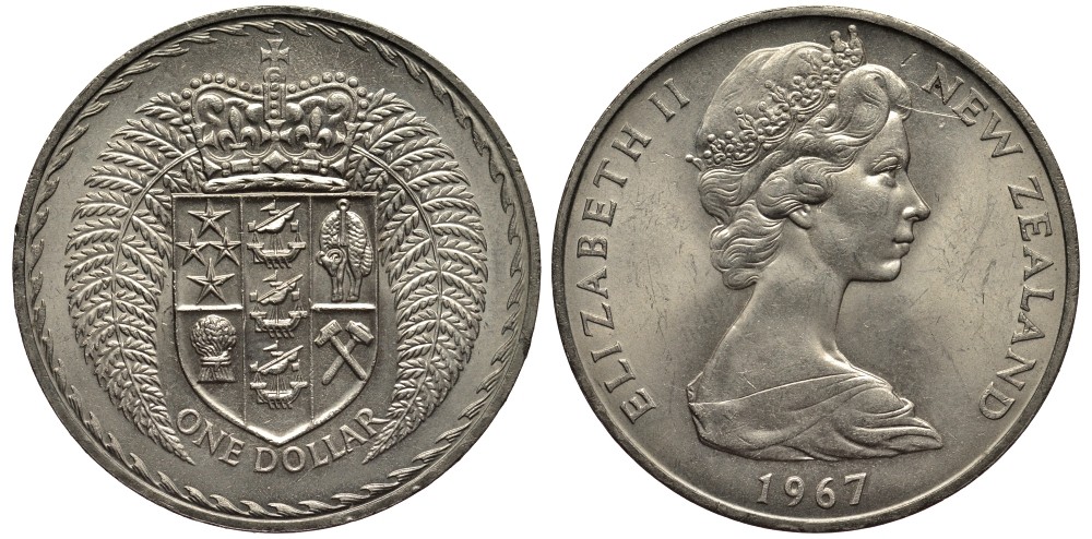 Новая Зеландия 1 доллар 1967 переход на десятичную систему, Елизавета II (1952-2022) KM 38.1 медно-никель 4537-111