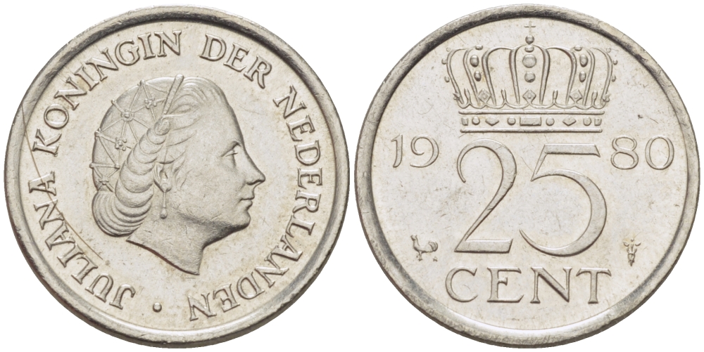 НИДЕРЛАНДЫ 25 ЦЕНТОВ 1980 ЮЛИАНА KM 183 никель 66-1165