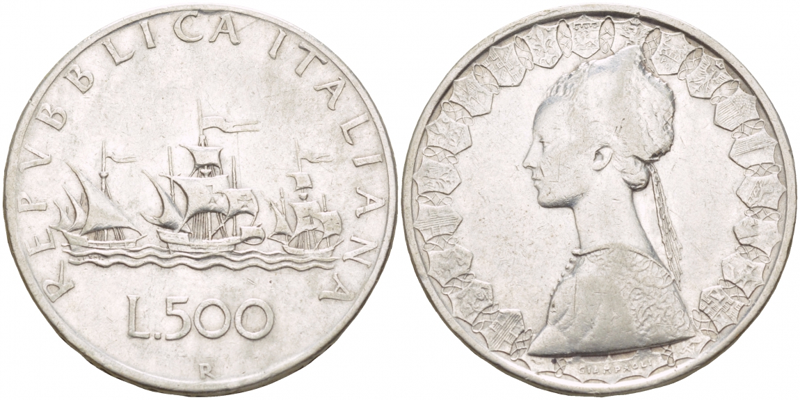 Италия 500 лир 1959 R, корабли Колумба KM 98 серебро 4545-541